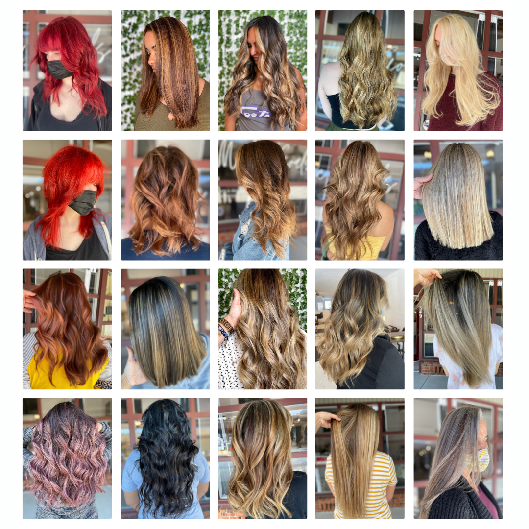 A 5x5 grid collage showing 20 different hair color and style options, featuring models with various hair colors including red, brown, blonde, black, and highlighted tones, styled in wavy, curly, and straight looks. Balayage, Highlights, vivid colors, hair extensions, grey blending, gray blending, hair cut, color correction, platinum blond, blonde